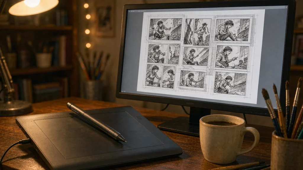 Drawing tablet and monitor showing a comic page in progress
