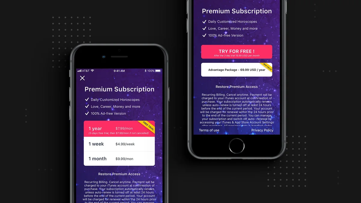 Two smartphones on a dark background showing a premium subscription screen with a Try for Free button and three plan prices