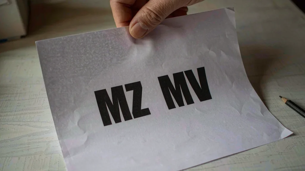 A hand holding a printed page showing the letters MZ and MV