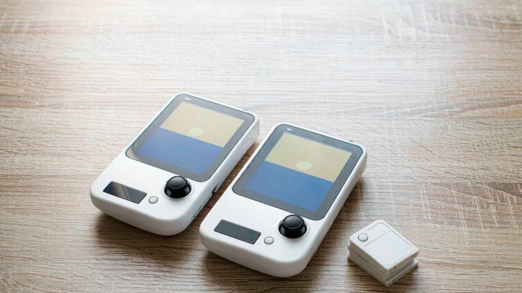 Two identical white handheld consoles beside physical game cards